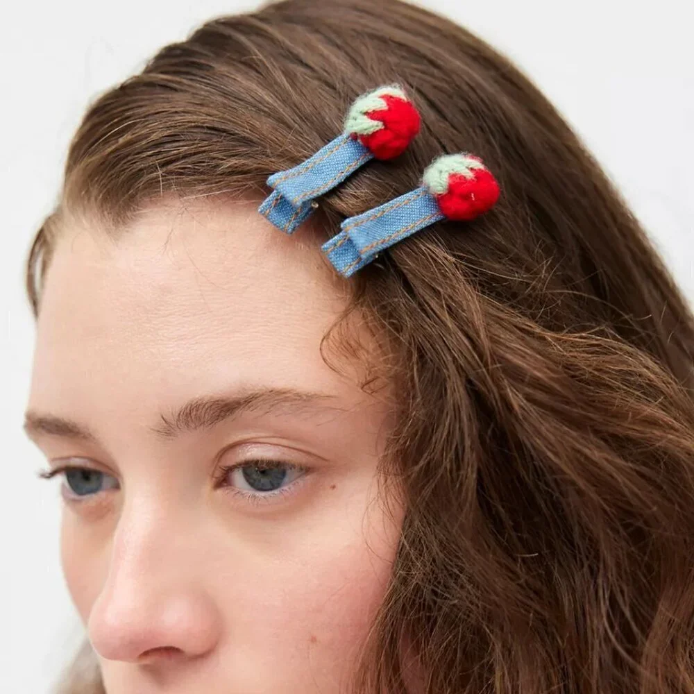 NWT Urban Outfitters Denim Strawberry Hair Clip Set of Two